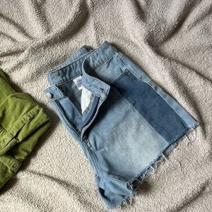 color block high rise denim shorts